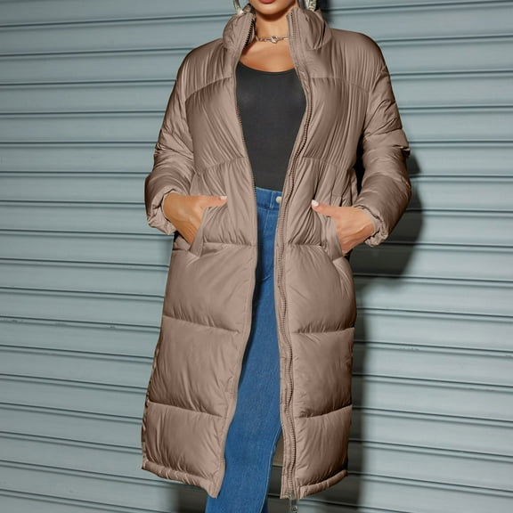 Wancir Trendy Long Large Quilted Lightweight Jacket Stand Collar Long Sleeve Puffer Jacket Zipped Up Outerwear for Women