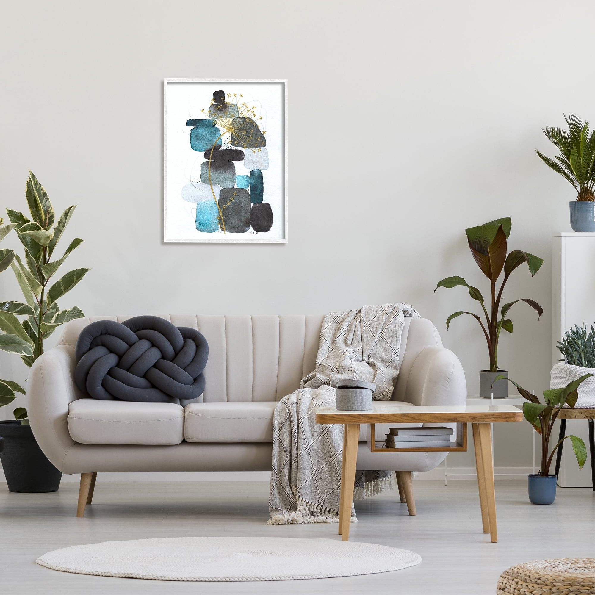 Stupell Industries Dandelion on Blue Rocks Abstract Painting White Framed Art Print Wall Art, 24 x 30