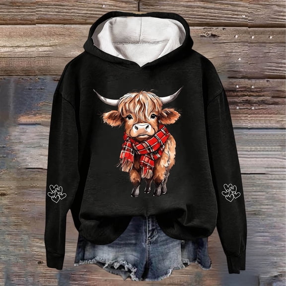 Christmas Sweatshirts for Women 2025 Cow Print Pullover Hoody Festive Holiday Western Graphic Hooded Top Women Hoodies Black L