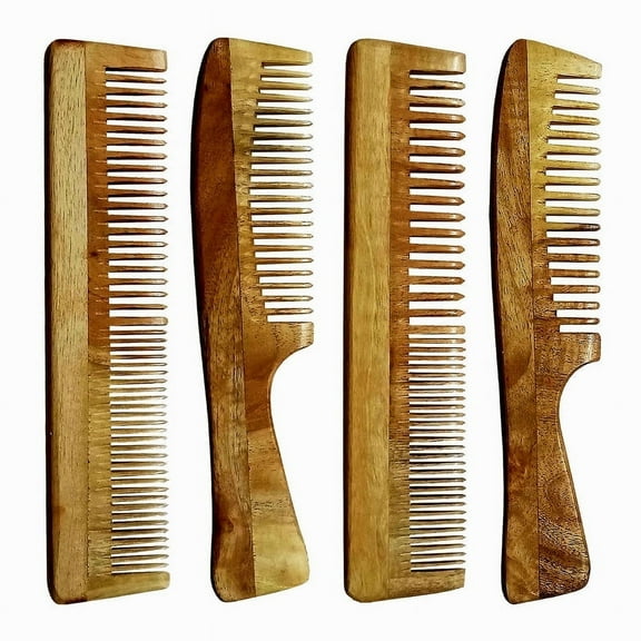 Wooden Comb set of 4 (2Regular,2 with Handle , Normal and Wide teeth)