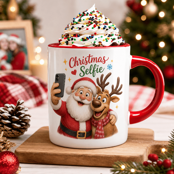 Christmas Mug Santa Reindeer Selfie Ceramic Coffee Cup for Holiday Gift