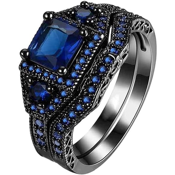 Rag Jewels 925 Sterling Silver 2.00 Ct Princess Cut Sapphire Wedding Engagement Christmas Bridal Ring Set 14K Black Gold Plated For Women's -6.5