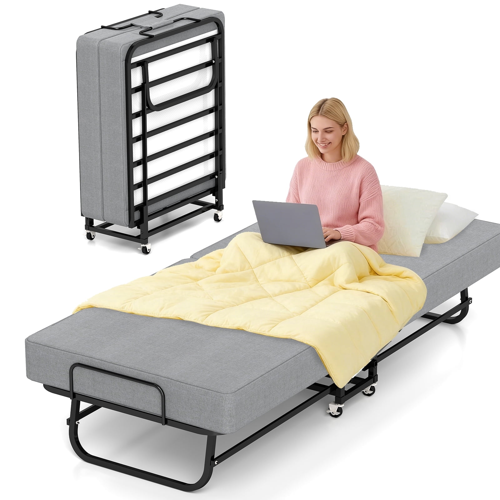 ベッドフレーム Single bed with Hard mattress Gymax Folding Bed w/ Memory Foam Mattress Rollaway Metal Guest Bed