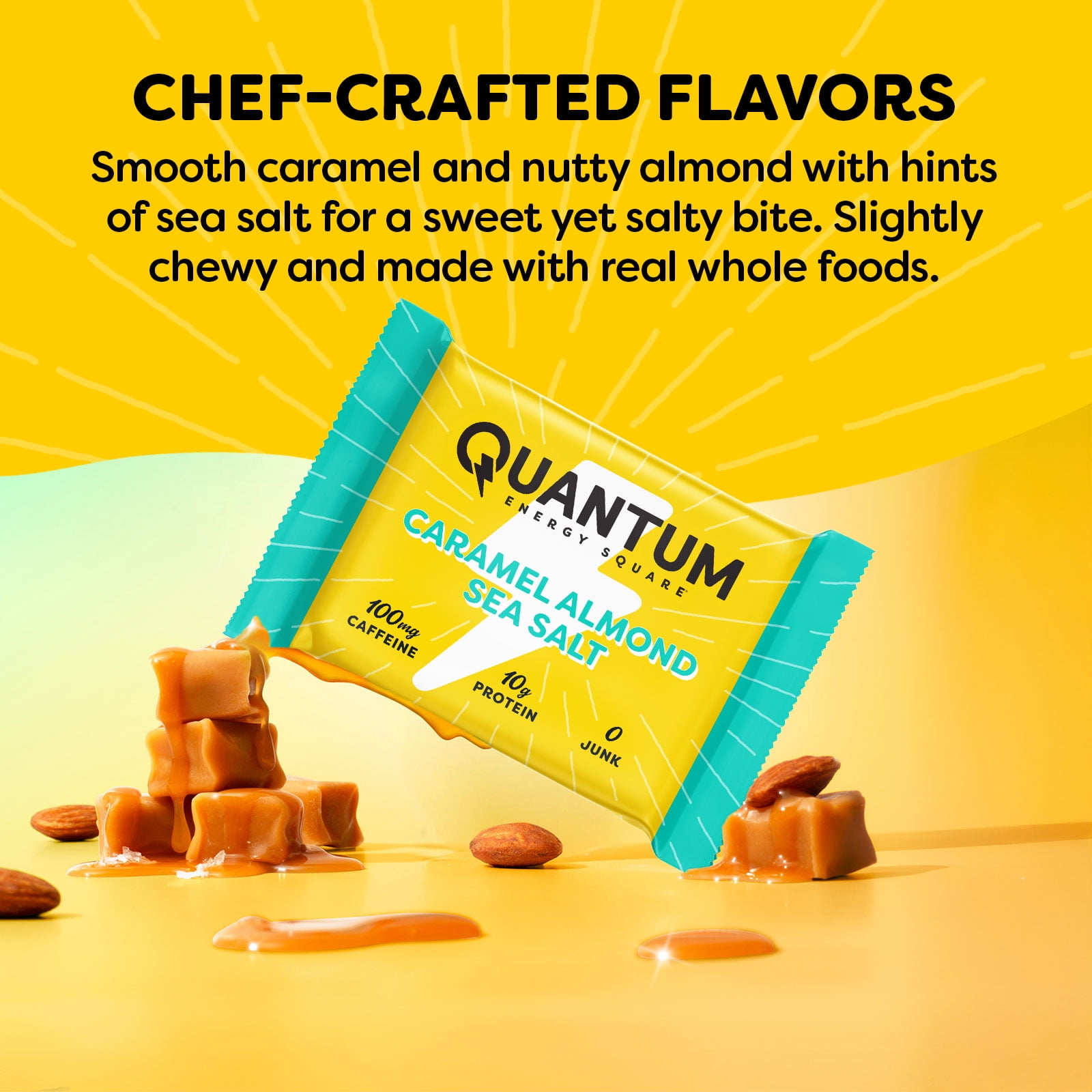 Quantum Energy Square: Energy Bar with Caffeine & 10g Protein. Delicious Healthy Snack On The Go. (Vegan, Gluten-free, Soy-free, Dairy-free). Flavor: Caramel Almond Sea Salt 8Pk
