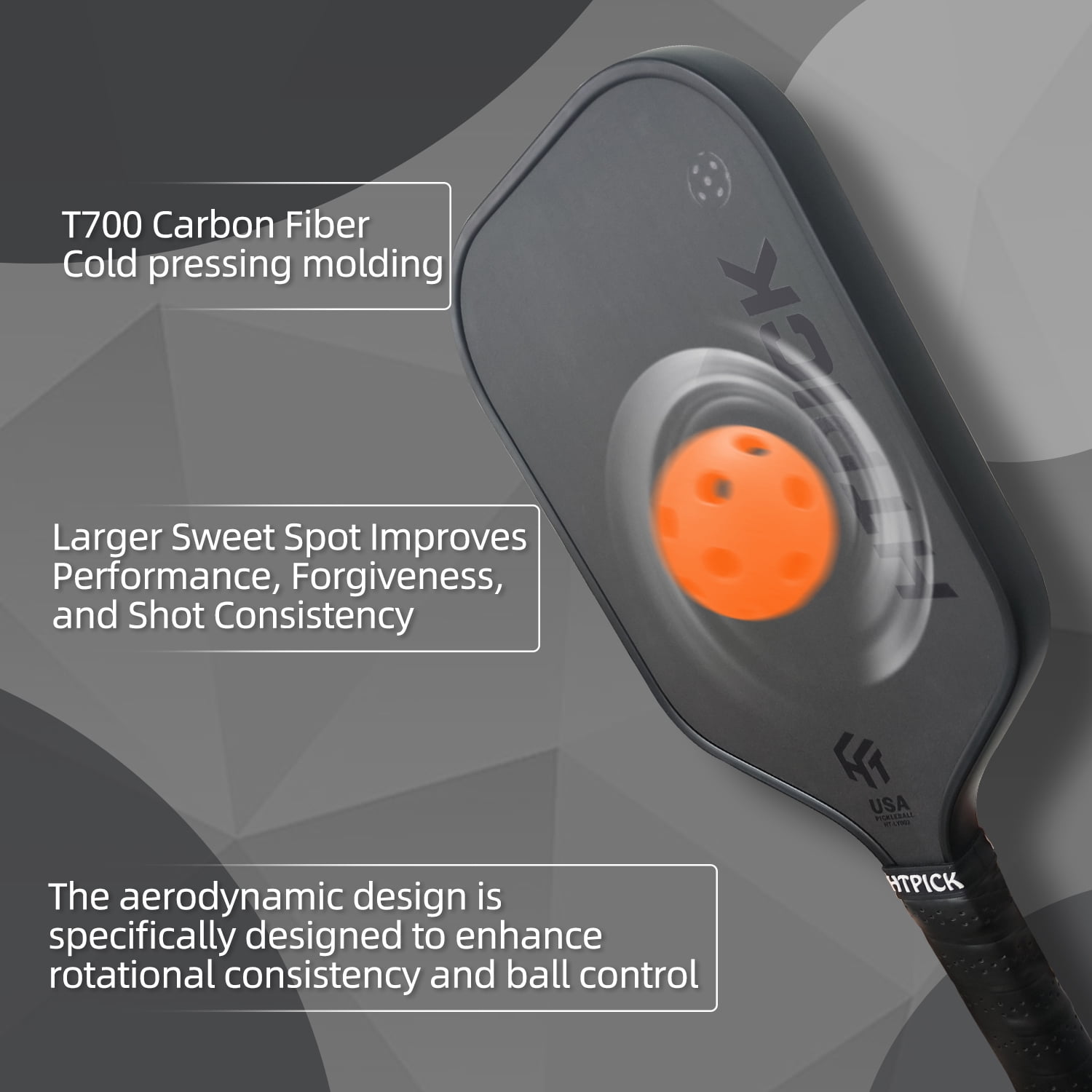 HTPICK Pickleball Paddle T700 Carbon Fiber Cold-Pressed Textured Black 1 Count