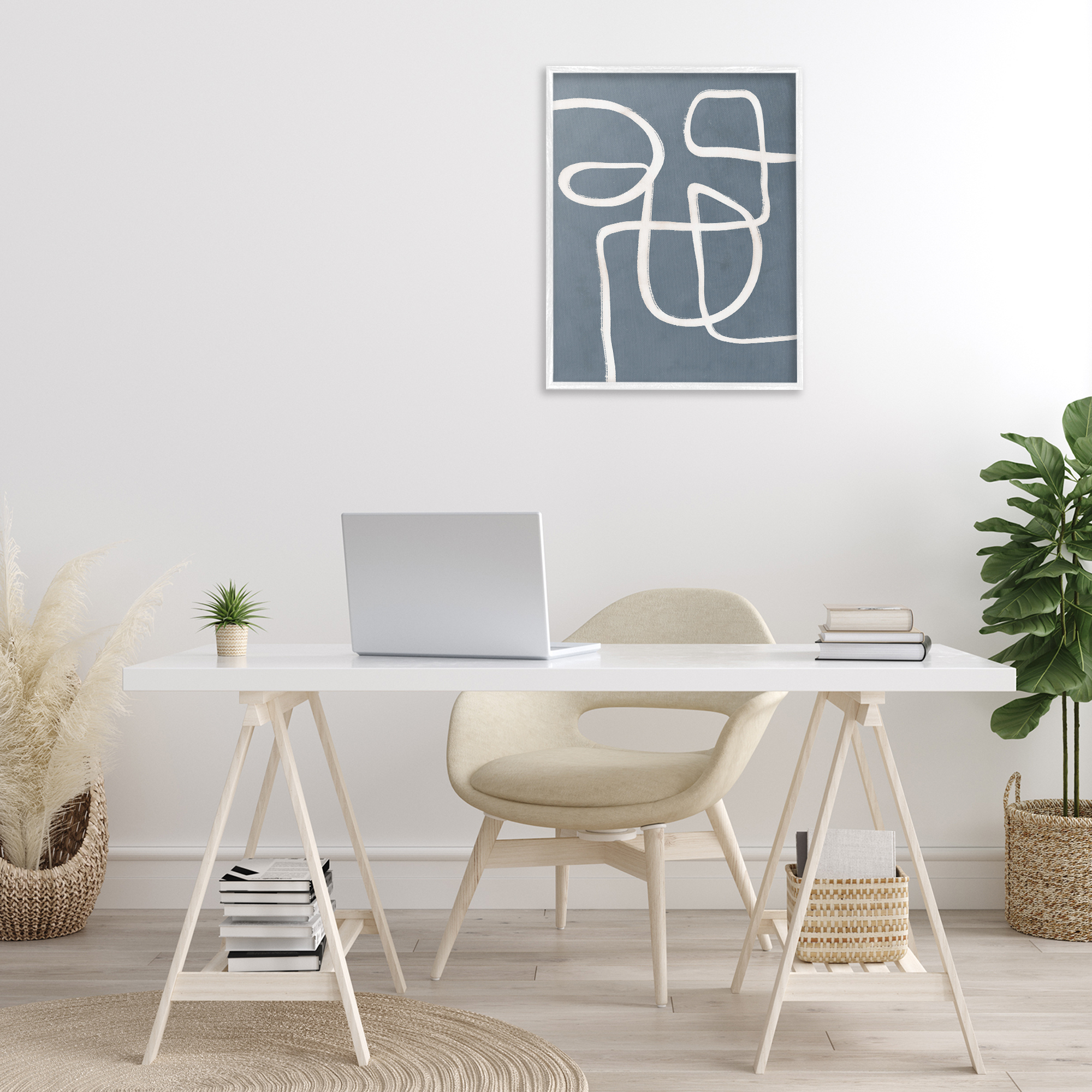 Stupell Industries Freeflow Line on Blue Abstract Painting White Framed Art Print Wall Art, 24 x 30