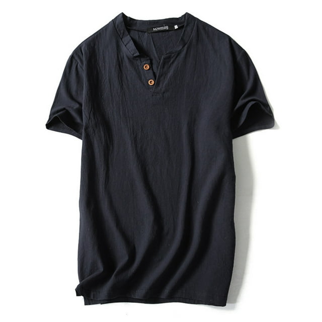 MAWCLOS Mens Tees Cotton Linen Tops Solid Color T Shirt Casual Beach Retro Style Pullover Black-2 5XL