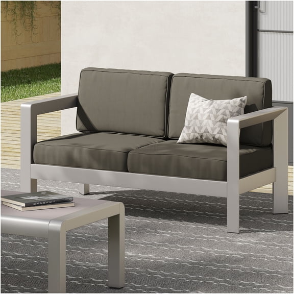 JERFIT Modern Outdoor Loveseat, Silver Aluminum Patio Sofa for Small Spaces, Deep Seat Cushioned Garden Bench for Porch, Poolside, Deck