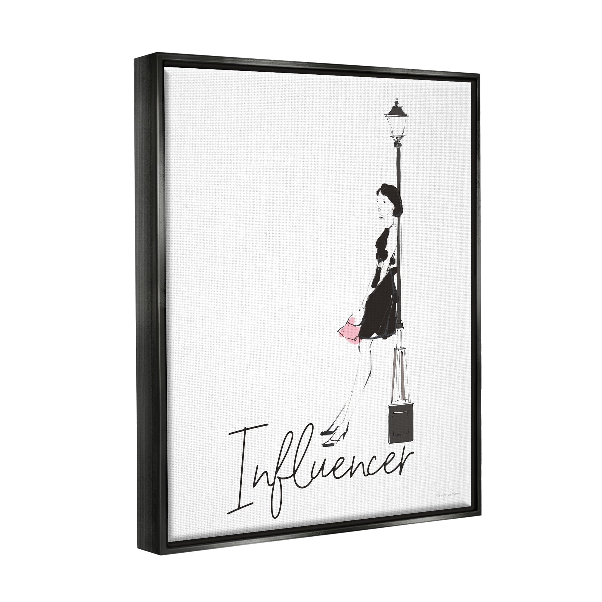Stupell Industries Chic Influencer Calligraphy Woman Leaning Lamp Post Graphic Art Jet Black Floating Framed Canvas Print Wall Art, Design by Avery Tillmon