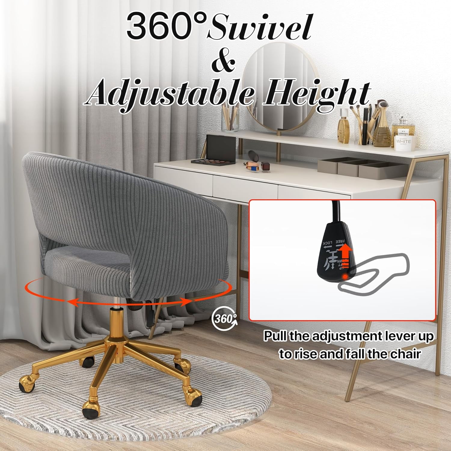 Home Office Swivel Desk Chair, Modern Corduroy Desk Chair, Height Adjustable Armchair with Gold Base, Ergonomic Office Chair for Living Room Vanity Study Computer Room, Gray