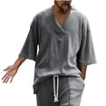 thumbnail image 2 of fnnxeal Mens Oversized Relaxed Fit Cable Knit Shirt Gray Mid Elbow Short Sleeve V Neck Polyester Wrinkle Resistant Casual Everyday Lounge TopSize XL, 2 of 6