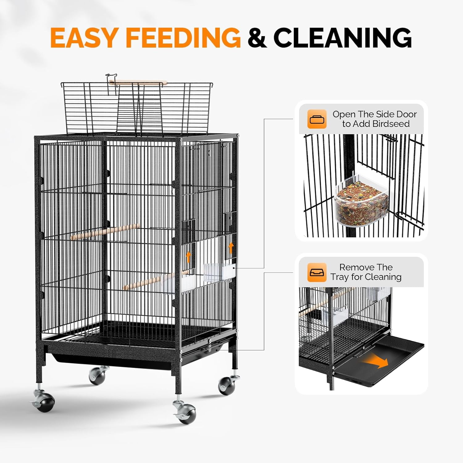 Miemie 38-inch Bird Cage with Wheels, Durable Wrought Iron Parakeet Cage with Slide Out Tray, Black Bird Cages for Parakeets/Cockatiels/Budgies and Other Small/Medium Birds (Medium-38 inch)