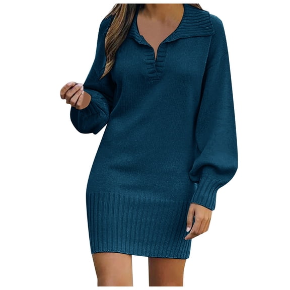 YAYUBA Fall Sweater Dress (Navy,XL) ,Women's Fashionable Knitted Wool Sweater Dress Long Sleeve Solid Medium Length Casual Wear