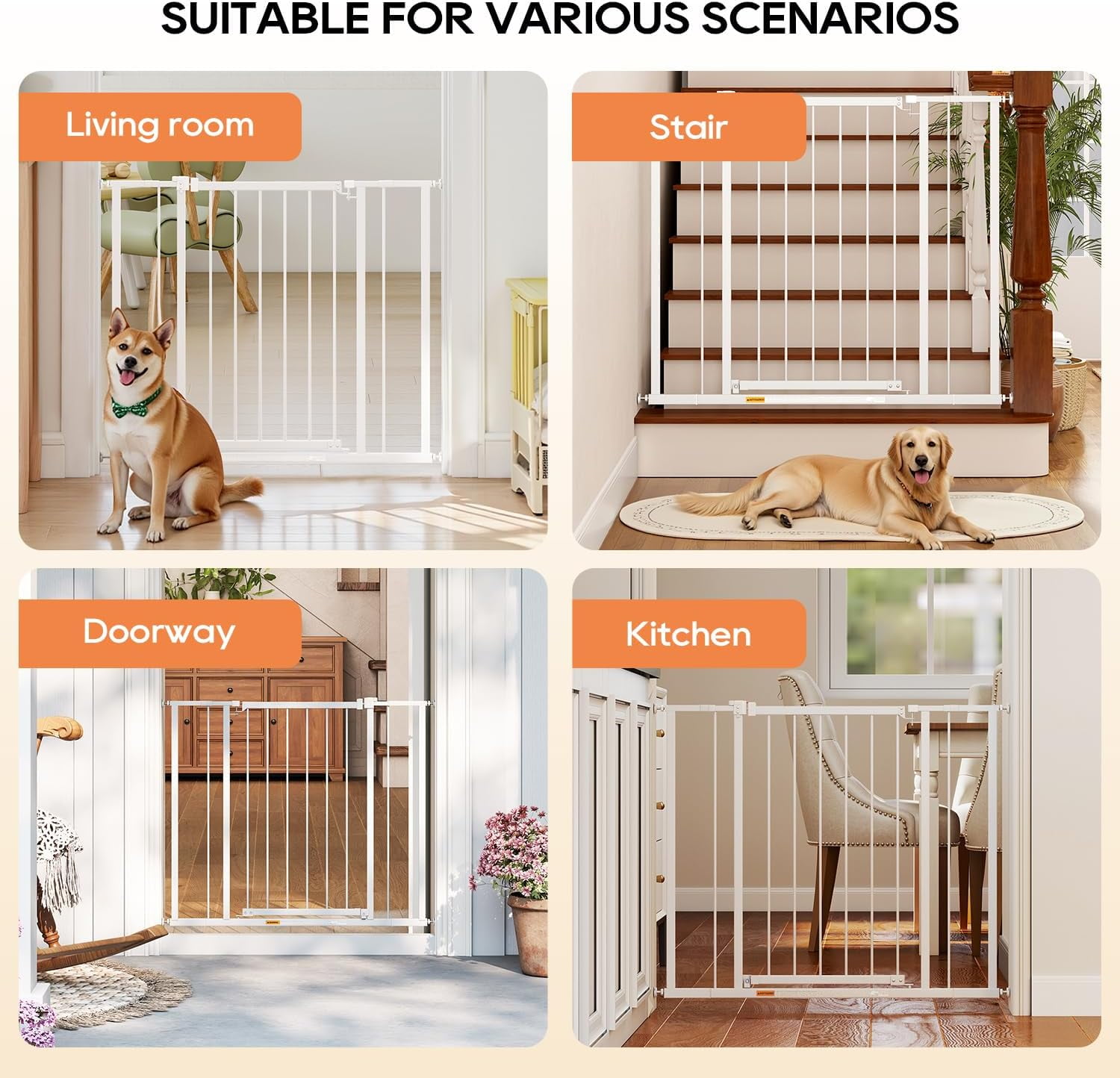 Dkelincs 36"Tall Dog Gate for Doorways & Stairs, Walk-Through Metal Pet Gates Adjustable Safety Gates Fits 28"-40"Wide Opening, White