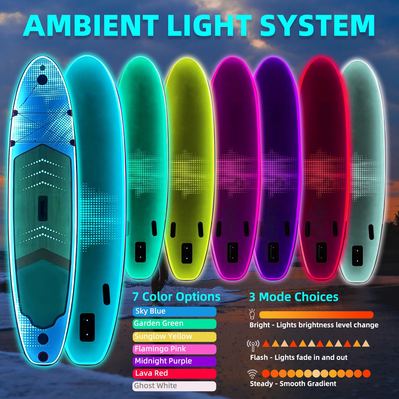 Bezliving 10.6"  LED Inflatable Paddle Board, 7-Color Lighting, Wide Stable Design, Non-Slip Deck, Durable PVC Material for Youth & Adults