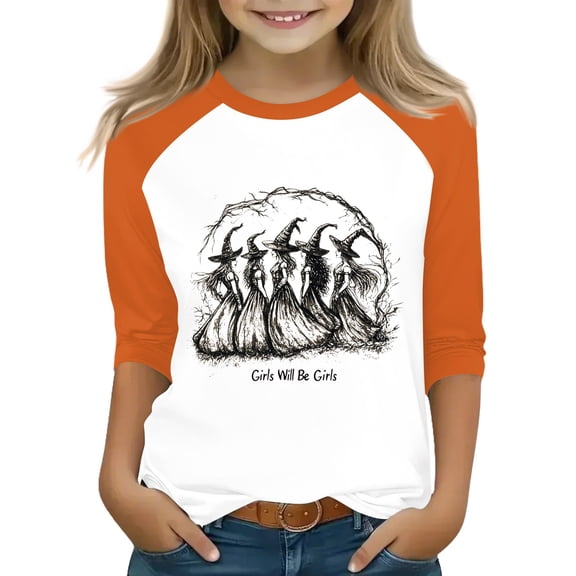 Abcomgle Girls Halloween Shirts 10-12 Spooky Witches Gather Graphic Tshirts for Kids Crewneck 3/4 Raglan Sleeve Tshirts for Girls Fall Funny Holiday Tee Top Girls,3-4 Years