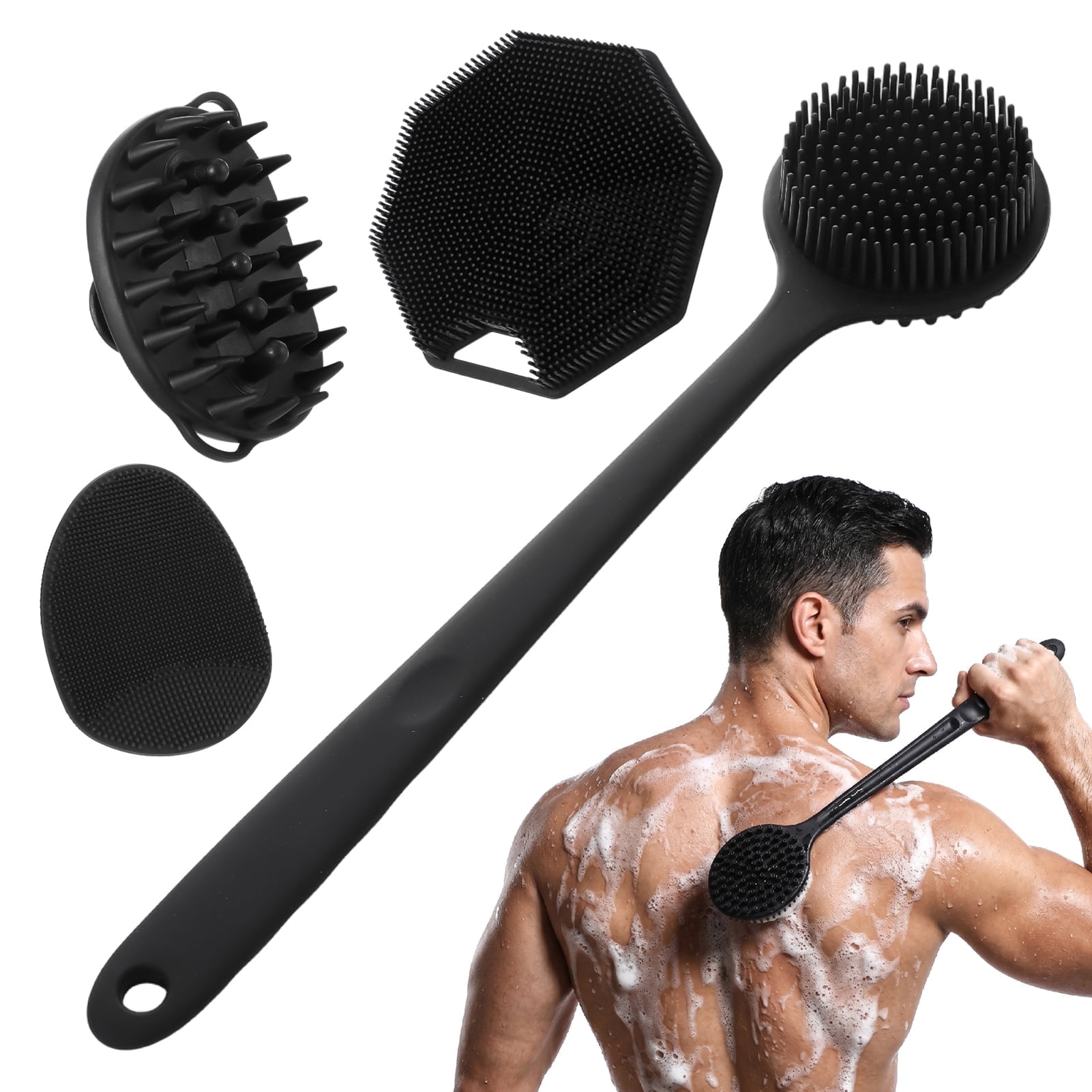 Abaima 4-Pack Silicone Shower Brush Set, 14" Long Handle Back Scrubber, Body, Head & Face Brushes, Gentle Exfoliating & Lathering Massage Combo for Men, Women, Home & Travel