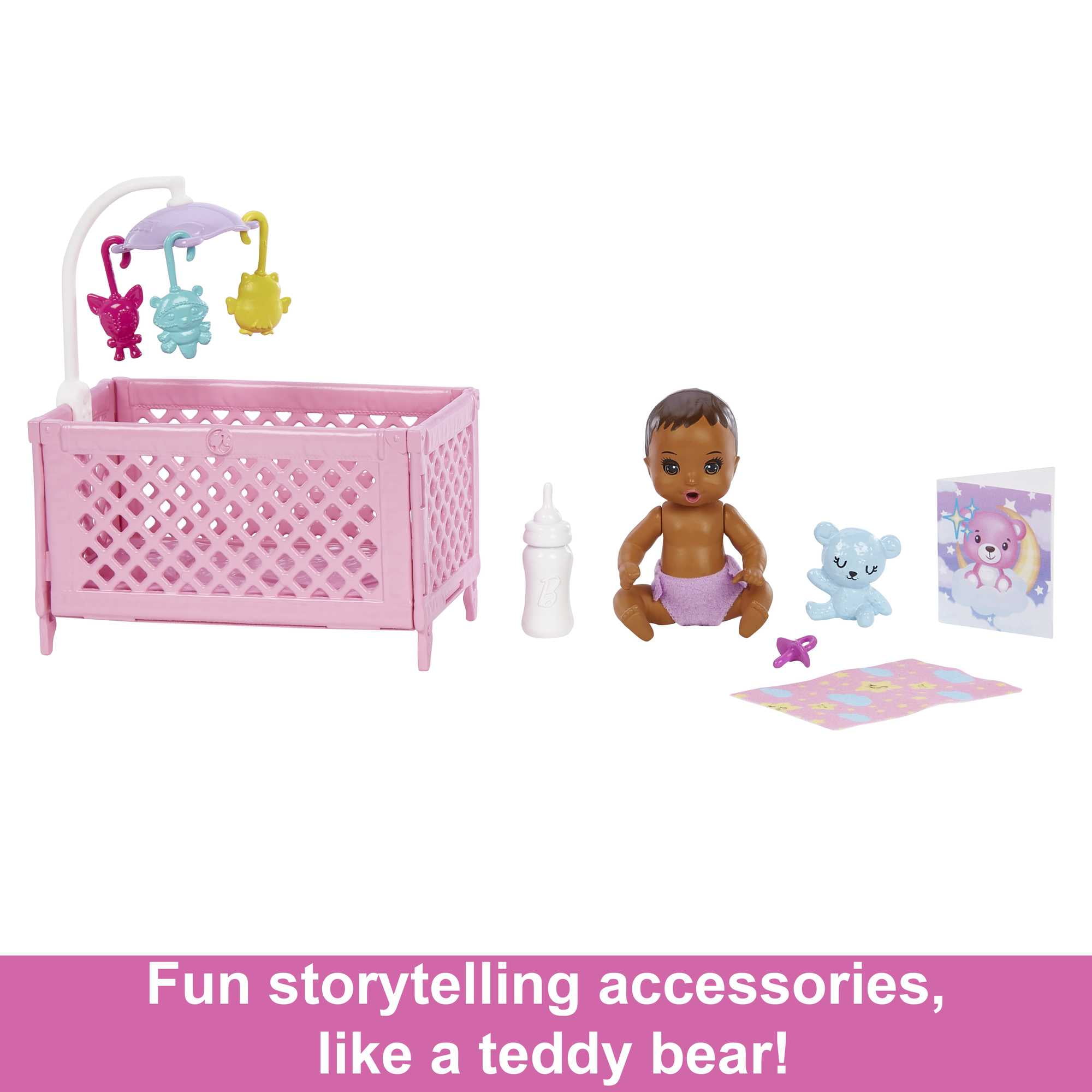 Barbie Skipper Babysitters Inc Bedtime Set, Brunette Doll, Sleepy Baby Doll, Crib & Accessories