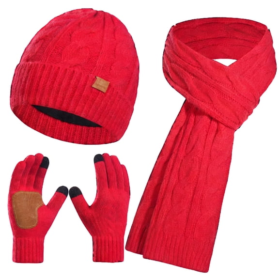3 Pcs Women's Winter Warm Beanie, Long Scarf, and Touchscreen Glove Set, Cable Knit Set for Ladies