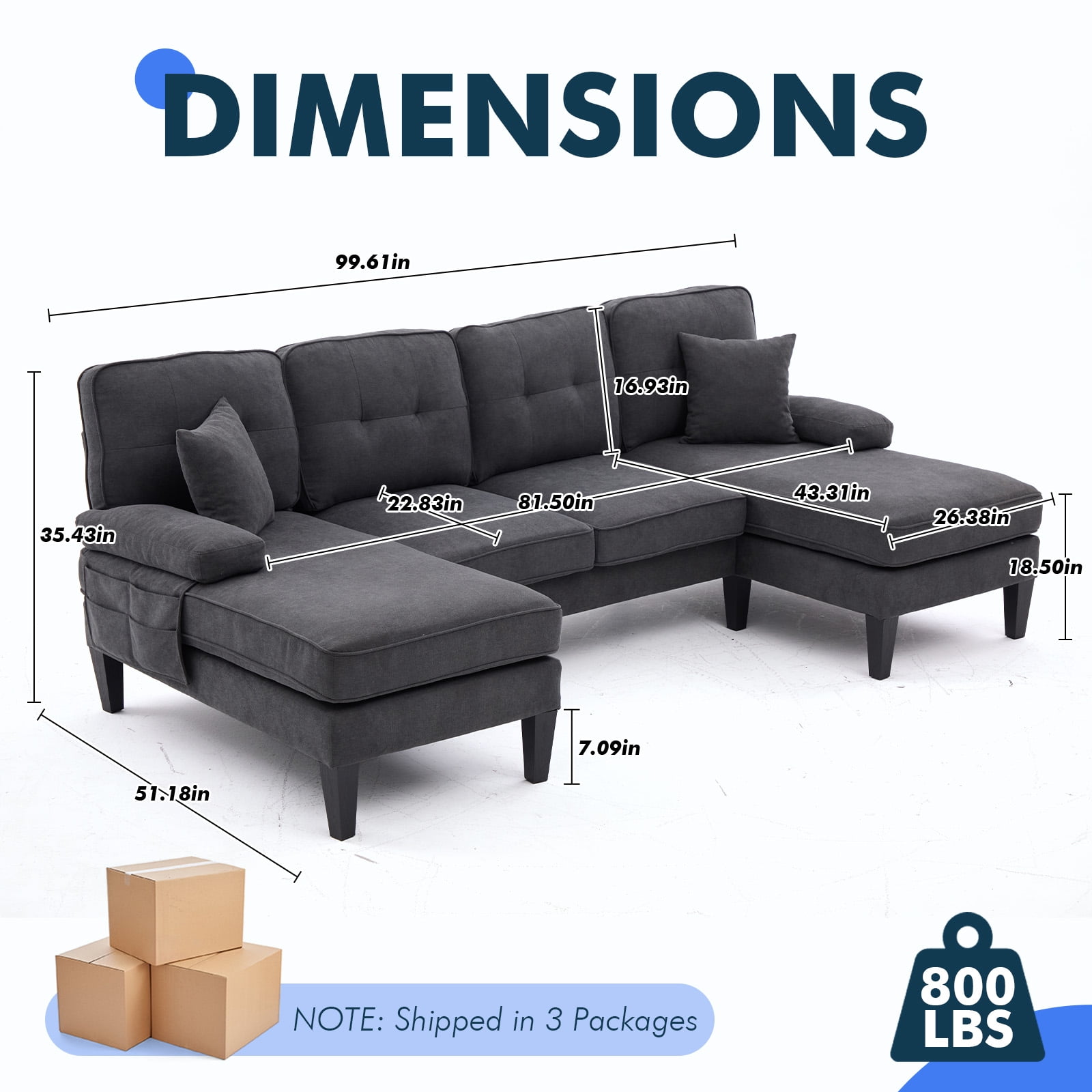 MOONMISS U-Shaped Sectional Sofa, 4 Seater Sectional Couch with Chaise, Modular Sleeper Sectionals for Living Room-Dark Grey