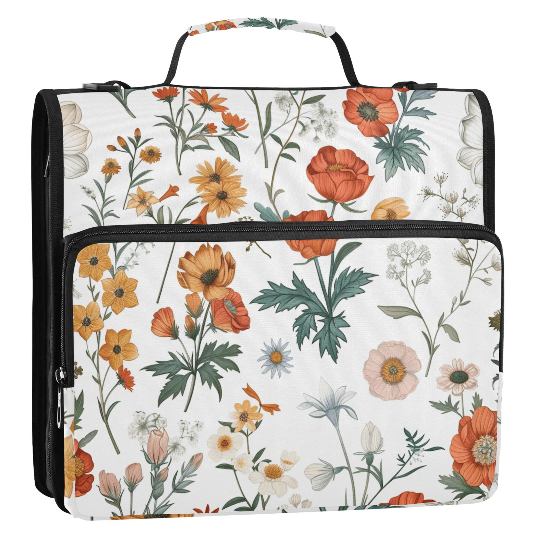 3 Ring Zipper Binder with Shoulder Strap Waterproof Trapper Keeper 2 Inch D-Ring 500 Sheets Capacity Different Wildflower