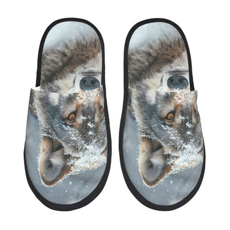 

Noikeo Majestic Snowy Wolf Pattern Cozy Slippers Indoor for Women and Mens Fuzzy House Shoes Soft Plush Warm Slip-on Slippers-Large