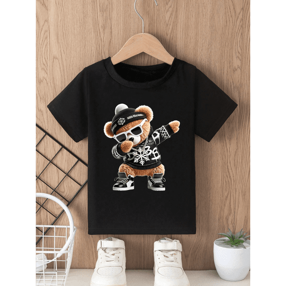 children’s wear Funny Dabbing Teddy Bear Kids Graphic T-Shirt Cool Hip Hop Bear with Sunglasses Black Cotton Short Sleeve Tee for Boys and Girls Toddler Casual Summer Top