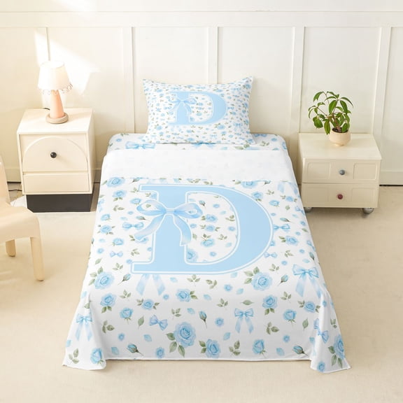 Feelyou Blue Flower Initial D Twin Sheets for Kids Girls, Sweet Rose Bow Monogram Bedding, 3 Pieces, 1 Flat Sheet, 1 Fitted Sheet and 1 Pillowcase