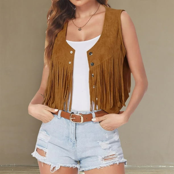 ICHUANYI Clearance Women's Ethnic Jacket Round Neck Sleeveless Cardigan Vintage Solid Lightweight Coat(Khaki, S) ICHUANYI WER2023080902907