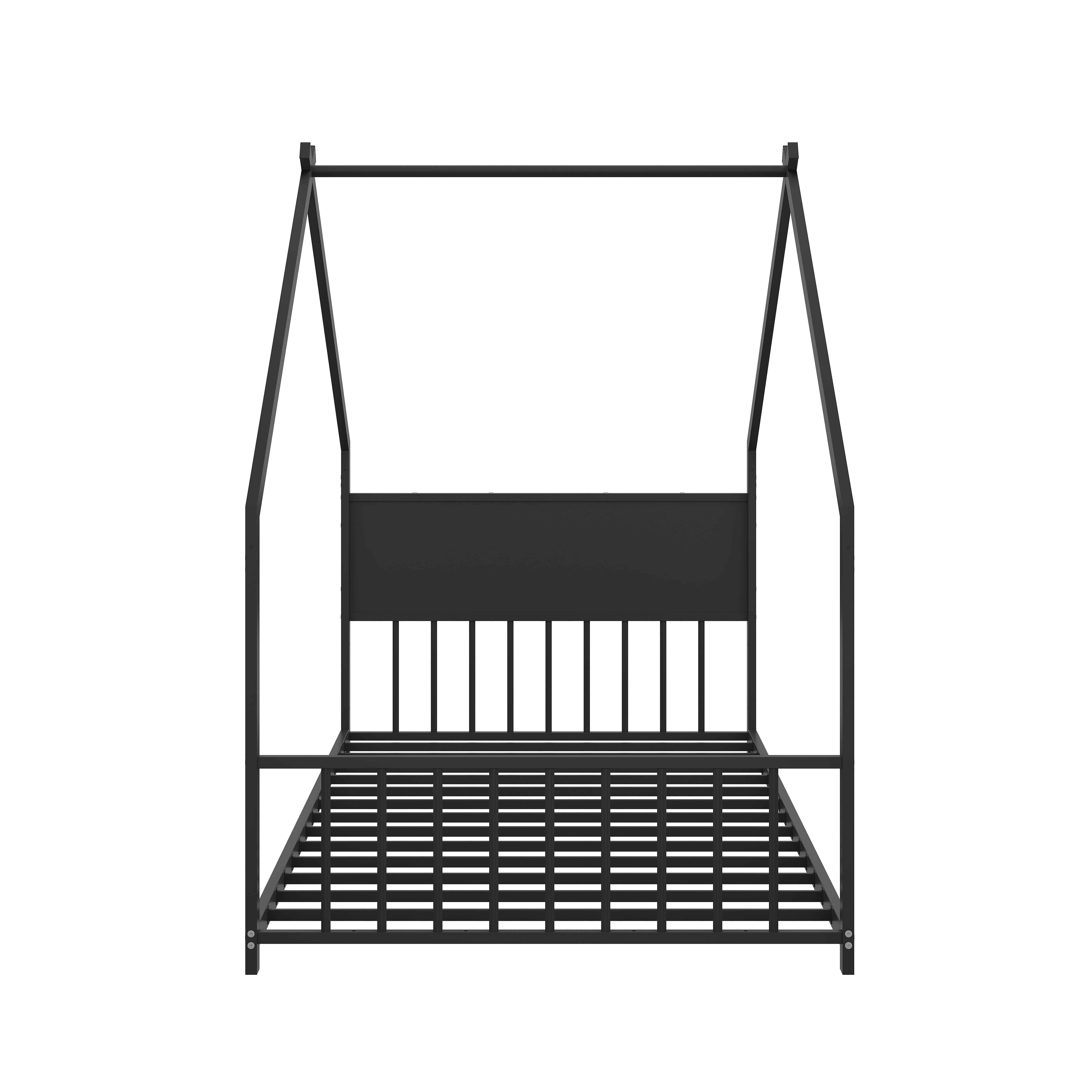 House Bed, Twin Size Bed Frame, Metal Bed with Roof and Colorful Lights, Slats Support No Box Spring Needed, Black Youth Bed