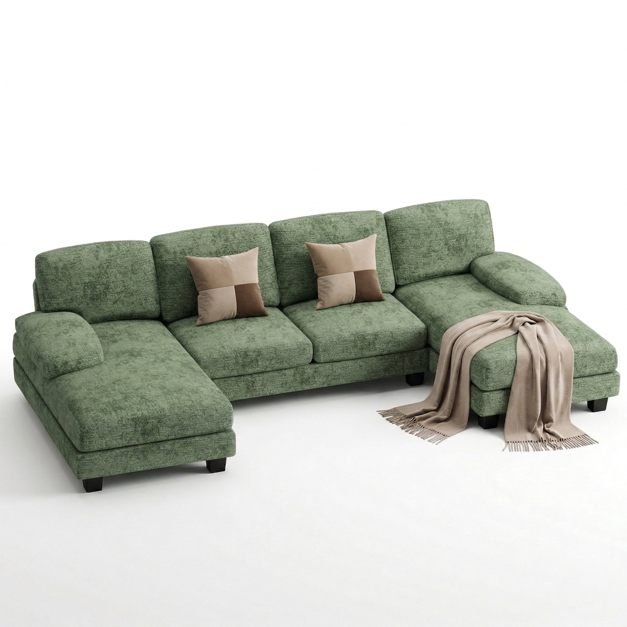 Vineego U-Shaped Sectional Sofa with Double Chaise 4-Seat Modular Sofa Couch for Living Room,Chenille Green
