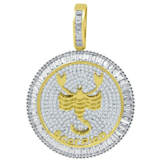 14K Yellow Gold Finish Baguette/Round Cut Simulated Diamond Scorpio Zodiac Sign Astrology Horoscope Round Pendant Charm 2''