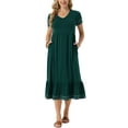 thumbnail image 2 of INSPIRE CHIC Women's Summer V Neck Short Sleeve with Pockets Contrast Trim A-Line Midi Dress M Dark Green, 2 of 6