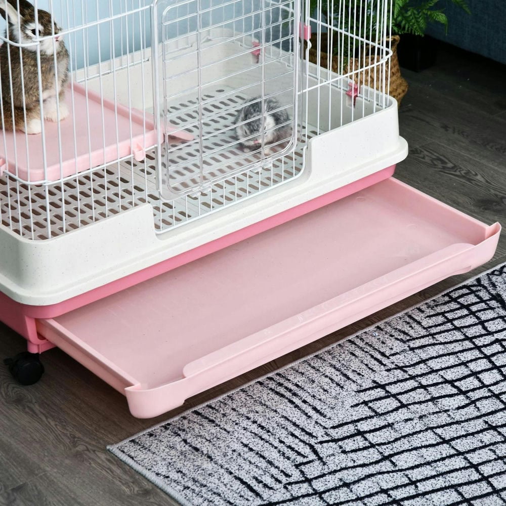 YYAo Rabbit Coop, Outdoor Rabbit House,2-Level Small Animal Cage Rabbit Hutch with Wheels, Removable Tray, Platform and Ramp, Pink