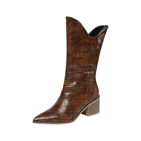 

CYMMPU Women s Middle Mid Calf Boots Pointed Stone Grain Mid-tube Thick High-heeled Warm Autumn And Winter High-tube Boots
