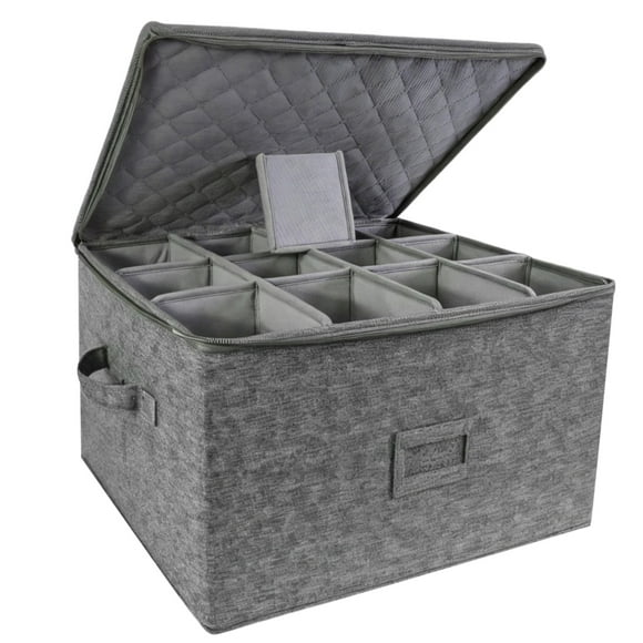 Hard Stemware Storage Box, Linen Wine Glass Storage Container with 12 Dividers, Foldable Champagne Glasses Organizer with Handles & Label Window, Storage Box, 17.7×15×9.8 inches