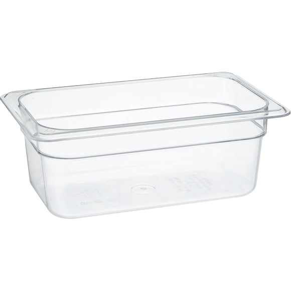 Inserto CAMBRO de policarbonato tamaño 1/4 profundidad 10.2 cm capacidad 2.5 L color transparente ideal para almacenamiento y servicio de alimentos fríos o calientes.