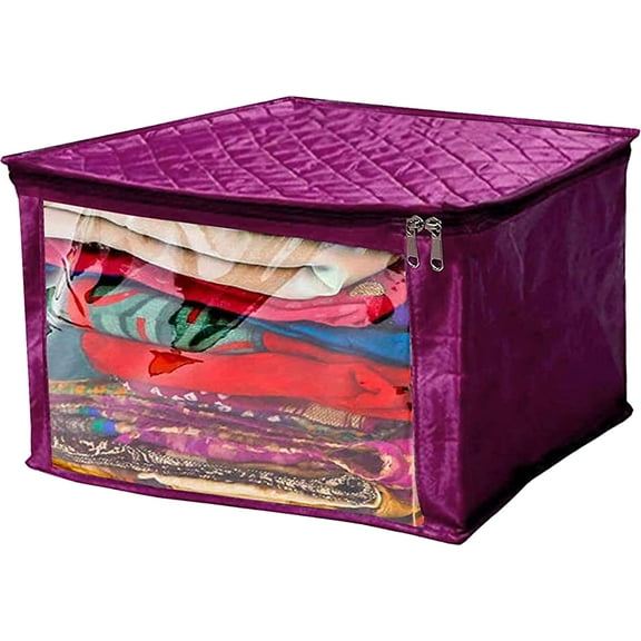 atorakushon Satin Fabric Foldable Garments Saree Blouse Cover Bag Pouch Closet Wardrobe Organizer With Clear Window Zipper Lock Pack of 1 (Purple)