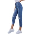 thumbnail image 4 of Jeans Boyfriend rasgados para mujer Denim desgastado Hasta el tobillo Recto Pierna ancha Casual High Waisted231-blue0, 4 of 5