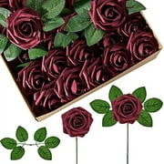 InnoGear Artificial Roses, 50 Pcs Burgundy Fake Roses with Stems Faux Artificial Flowers for Decoration DIY Wedding Bouquets Centerpieces Bridal Shower Party Flower Arrangements Christmas Burgundy