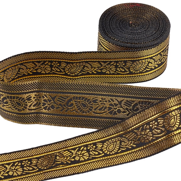 7.7Yds Jacquard Tyrolean Ribbon Ethnic 1.29" Gold Glitter Metallic Trim Floral Woven Black Embellishment DIY