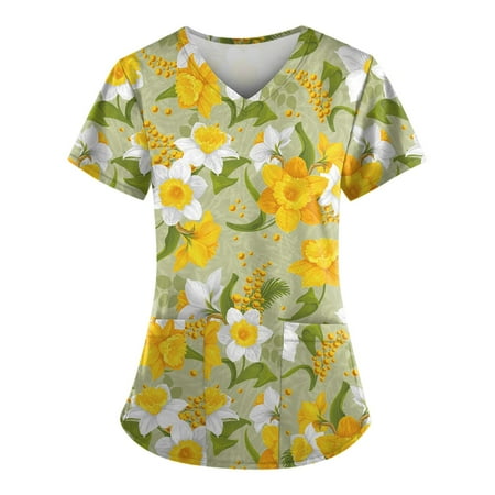 

Apepal Women T-shirt Cute Print Short Sleeve V-neck Top Work Uniform Pocket Scrub Tops