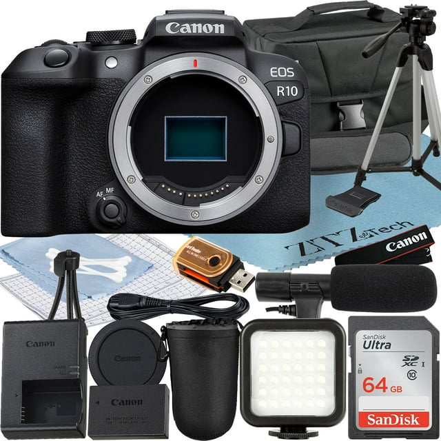 Canon EOS R10 Mirrorless Camera (Body) with 2 Pack SanDisk 64GB Memory Card + Case + ZeeTech Accessory Bundle