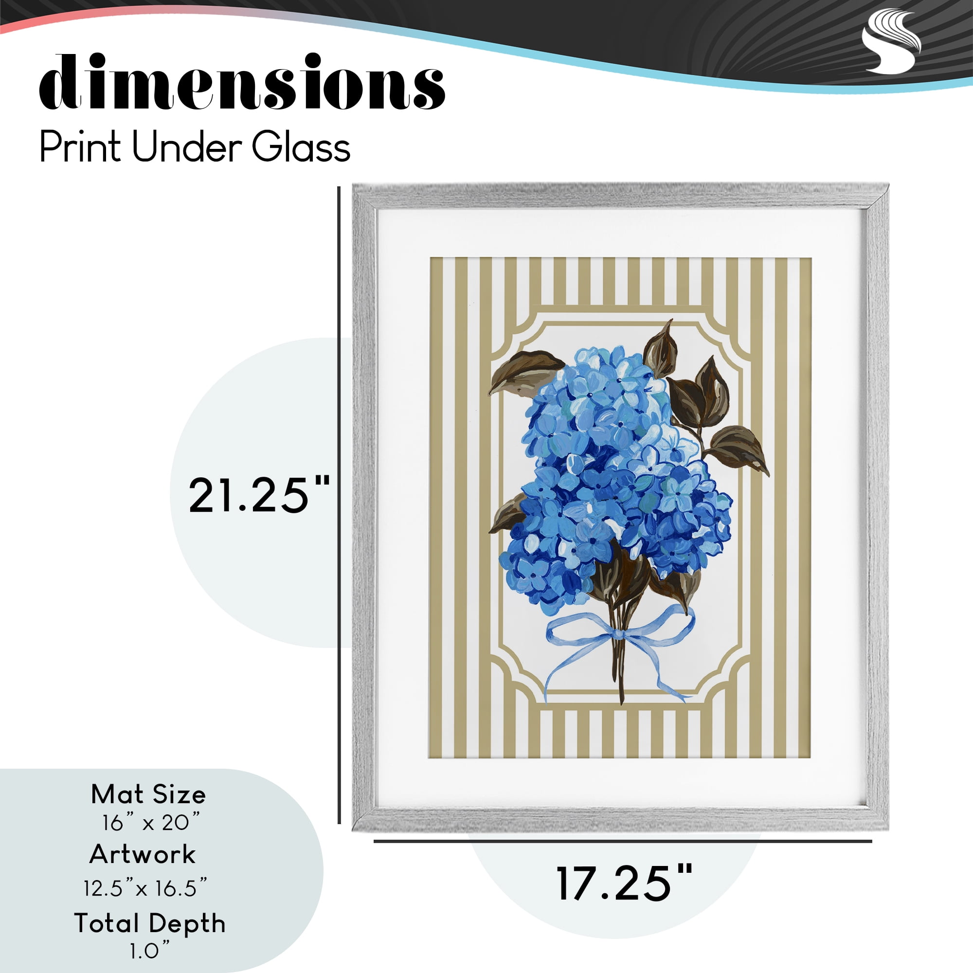 Blue Hydrangea Blossom Bow Gray Framed Print Under Glass, design by Adonna Ebrahimi