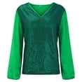thumbnail image 2 of felwors Women's Sequin Tops Sheer Long Sleeve Glitter Sparkly Party Blouse Velvet V-Neck Dressy Tops for Evening Party Green, S, 2 of 7