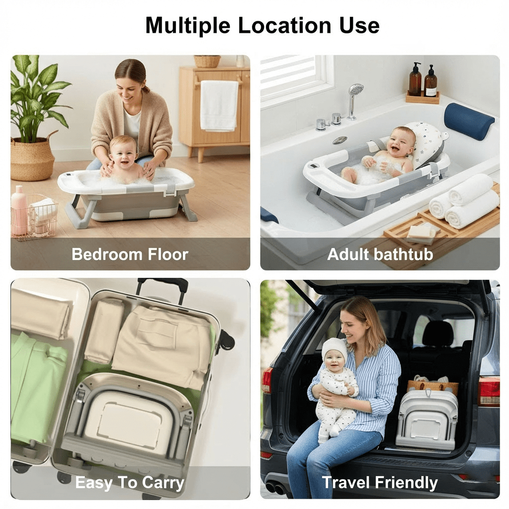 Oioane Collapsible Baby Bathtub with Thermometer & Soft Cushion, Portable Infant Bath Tub for Newborn to Toddler, Gray