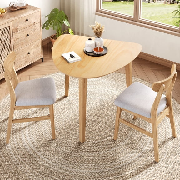 GARITIN 3-Piece Modern Table Set, Triangular Side Table & 2 Curved Wood Chairs, Minimalist Space-Saving Dining Set for Living Room Kitchen Small Space, Natural