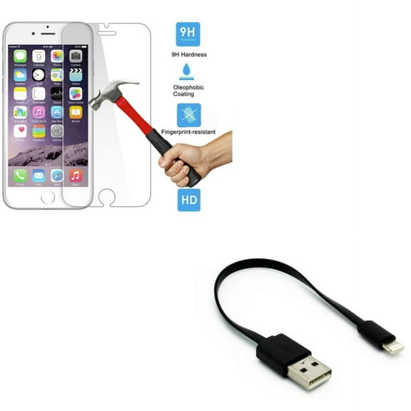 Screen Protector w Short USB Cable for iPhone 8 7 6S 6 - Tempered Glass HD Clear 2.5D Round Edges Display Cover Guard, Charger Cord Power Wire Fast Charge Sync
