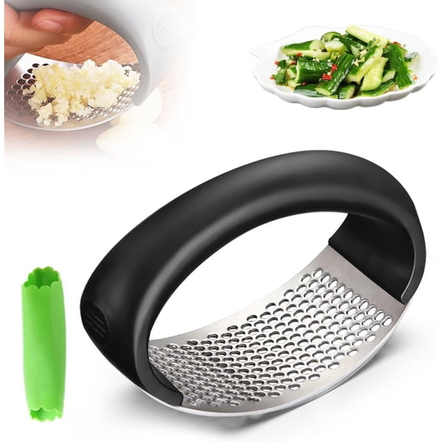 Rocker de ajo de acero inoxidable, prensa manual de ajo, triturra de ajo de alta calidad, nuevo picr de ajo innovr con pelr y raspr para un agarre cómodo (1, negro)