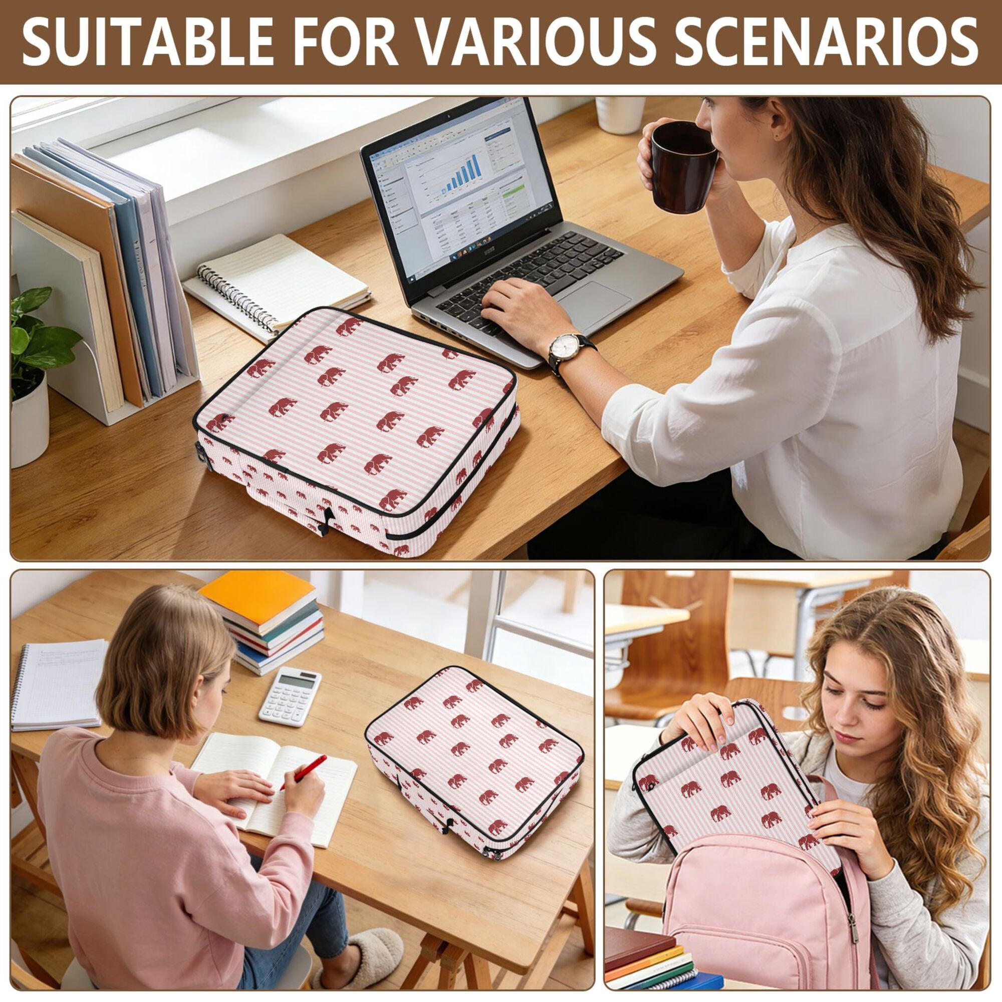 FORMRS Accordion File Folder A4 Size 7-Pocket Expanding Document Organizer Bag with 3 Ring Binder, Cartoon Elephant Pattern